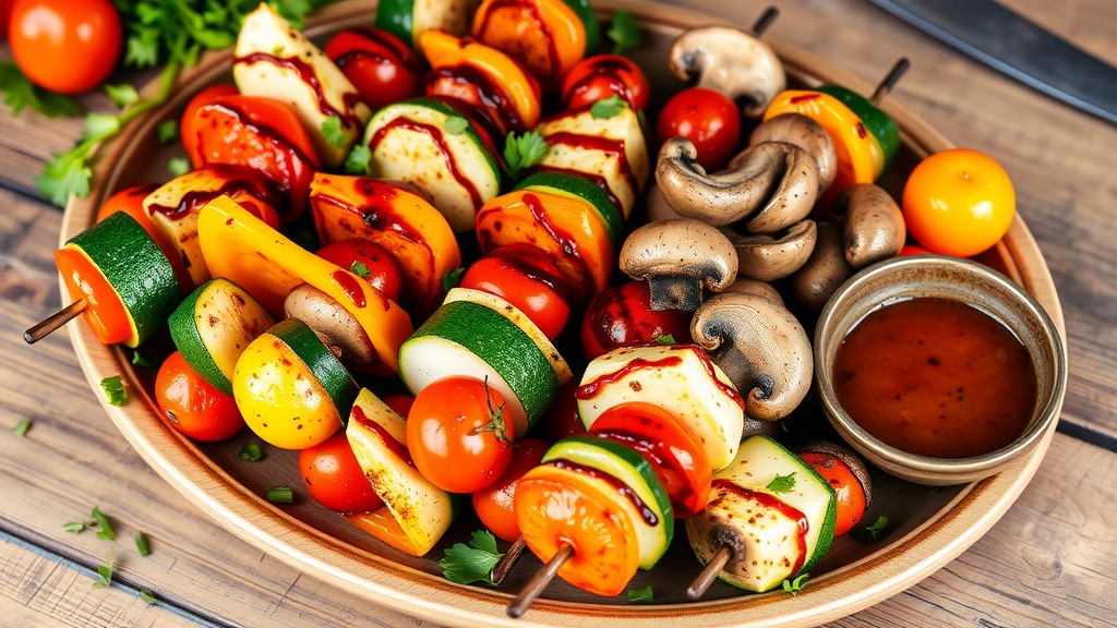 Delicious Grilled Vegetable Skewers Recipe Colorful grilled vegetable skewers with bell peppers, zucchini, and cherry tomatoes on a rustic table.